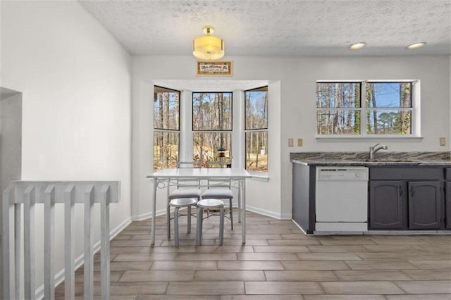 kitchen with dishwasher, a sink, wood finish floors, a textured ceiling, and baseboards
