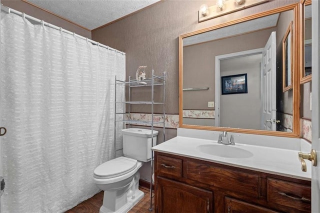 bathroom with wood finished floors, toilet, vanity, a textured ceiling, and wainscoting