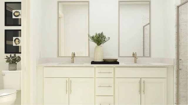 811 Atkins Ln, Woodstock, GA 30188 - bathroom with toilet, double vanity, and a shower stall
