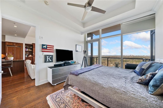 bedroom with a tray ceiling, dark hardwood / wood-style floors, and multiple windows