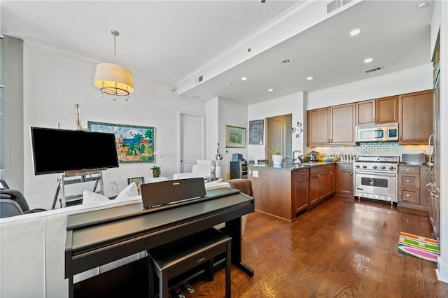 kitchen with appliances with stainless steel finishes, decorative light fixtures, crown molding, dark wood-type flooring, and tasteful backsplash