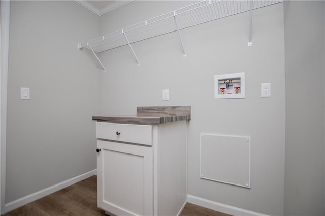 74 Preacher Smith Rd, Silver Creek, GA 30173 - laundry area featuring washer hookup, ornamental molding, dark wood-type flooring, and baseboards