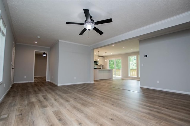 74 Preacher Smith Rd, Silver Creek, GA 30173 - unfurnished living room with a ceiling fan, ornamental molding, light wood-style floors, baseboards, and recessed lighting