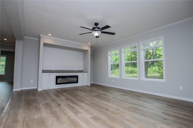 74 Preacher Smith Rd, Silver Creek, GA 30173 - unfurnished living room featuring wood finished floors, ornamental molding, a glass covered fireplace, ceiling fan, and baseboards