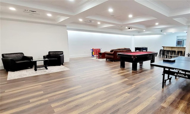 2900 Orchard Rd SW, Conyers, GA 30094 - playroom featuring coffered ceiling, wood finished floors, billiards table, beamed ceiling, and baseboards