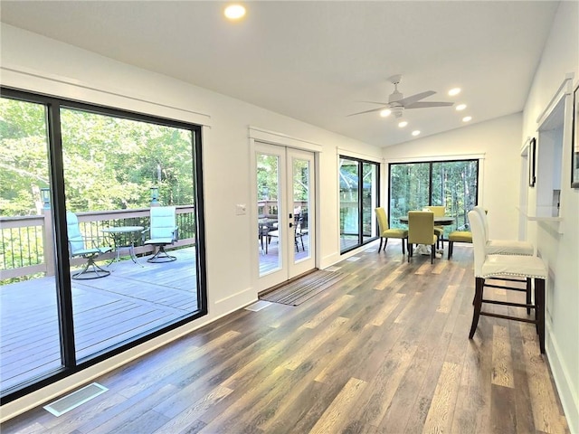 2900 Orchard Rd SW, Conyers, GA 30094 - doorway with wood finished floors, recessed lighting, plenty of natural light, ceiling fan, and vaulted ceiling