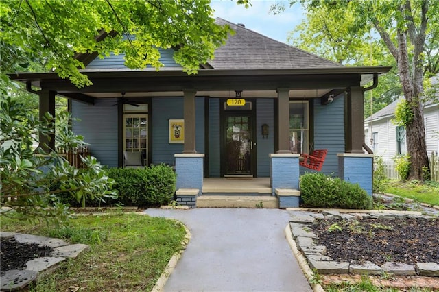 view of front of home featuring covered porch and ceiling fan