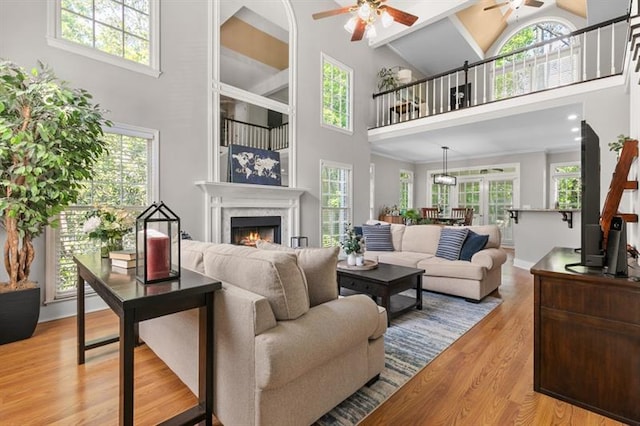 living room featuring a high ceiling, ceiling fan, and light wood-type flooring