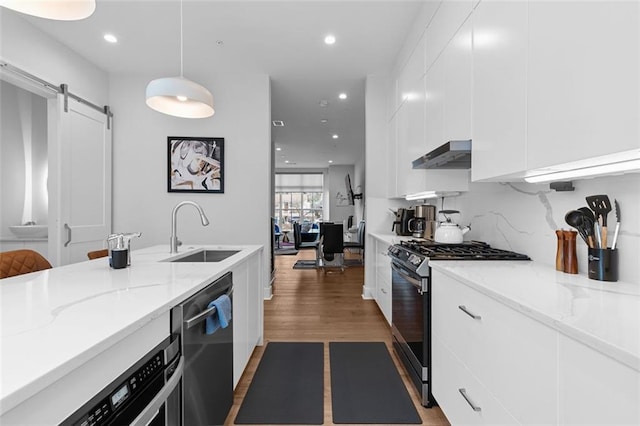 kitchen with a barn door, pendant lighting, sink, light stone countertops, and stainless steel appliances