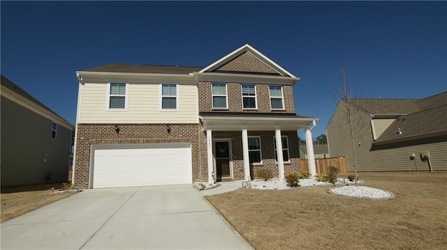 craftsman house with concrete driveway, an attached garage, a front lawn, a porch, and brick siding