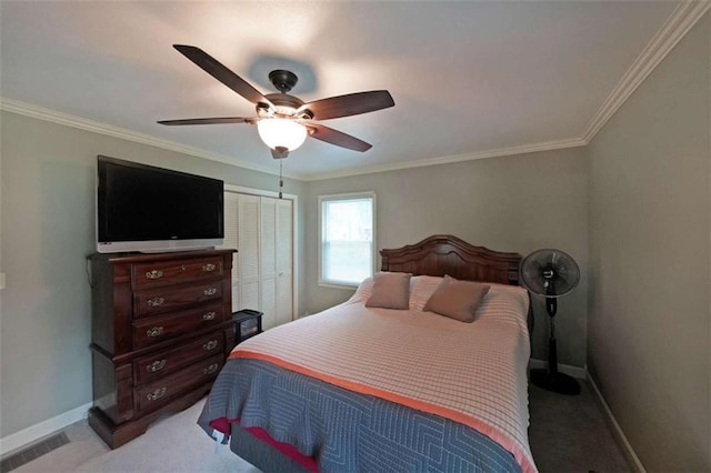 6880 Mark Turner Rd, Lithia Springs, GA 30122 - bedroom featuring light carpet, a closet, ornamental molding, and ceiling fan