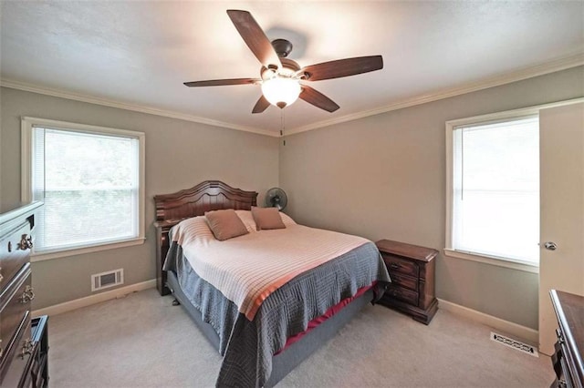 6880 Mark Turner Rd, Lithia Springs, GA 30122 - bedroom featuring multiple windows, light colored carpet, crown molding, and ceiling fan