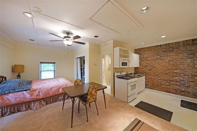 6880 Mark Turner Rd, Lithia Springs, GA 30122 - bedroom with brick wall, attic access, light carpet, crown molding, and recessed lighting