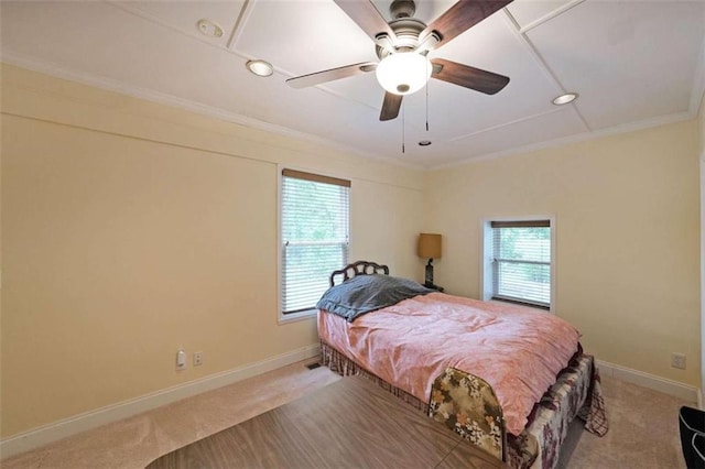 6880 Mark Turner Rd, Lithia Springs, GA 30122 - bedroom with light carpet, ornamental molding, recessed lighting, and a ceiling fan