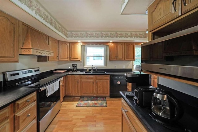 6880 Mark Turner Rd, Lithia Springs, GA 30122 - kitchen featuring stainless steel electric range, black dishwasher, custom range hood, light wood finished floors, and dark countertops
