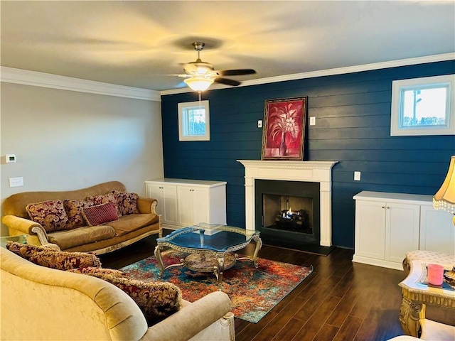 living room featuring dark wood-type flooring, ornamental molding, a healthy amount of sunlight, and ceiling fan