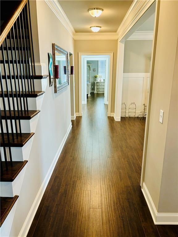 corridor featuring dark hardwood / wood-style flooring and crown molding