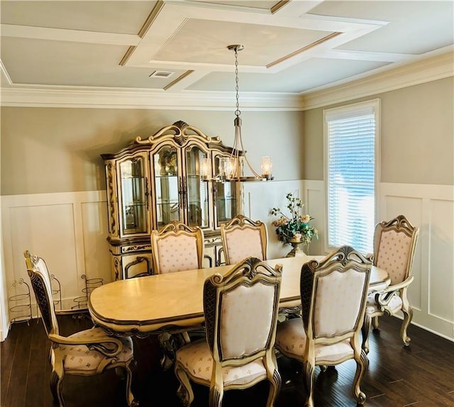 dining space with crown molding, coffered ceiling, and dark wood-type flooring