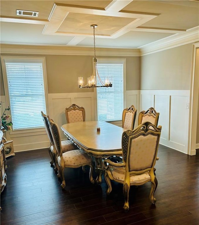 dining space with coffered ceiling, a notable chandelier, plenty of natural light, and ornamental molding