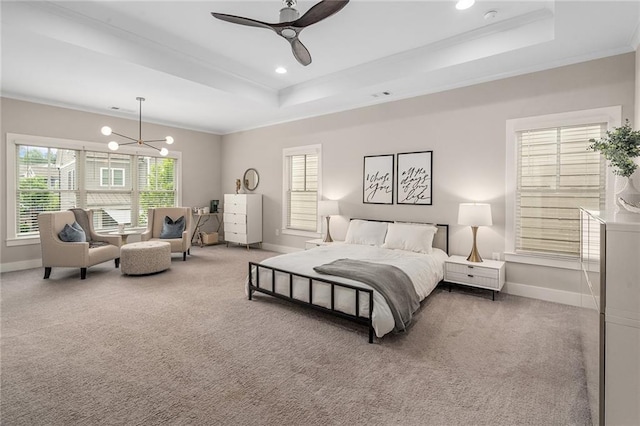 carpeted bedroom featuring ornamental molding, recessed lighting, a raised ceiling, and baseboards