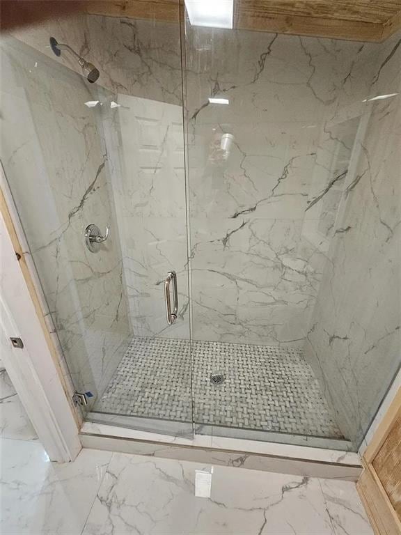 bathroom featuring a shower with shower door