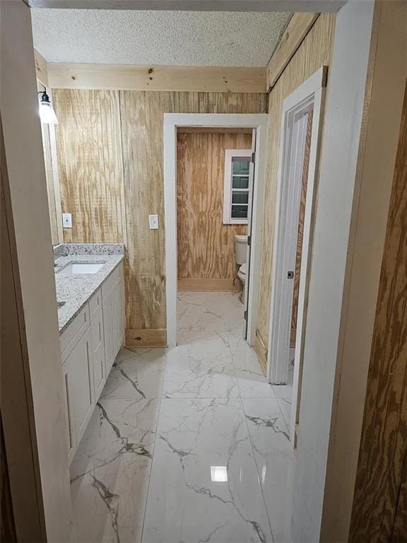 bathroom featuring a textured ceiling, wood walls, vanity, and toilet