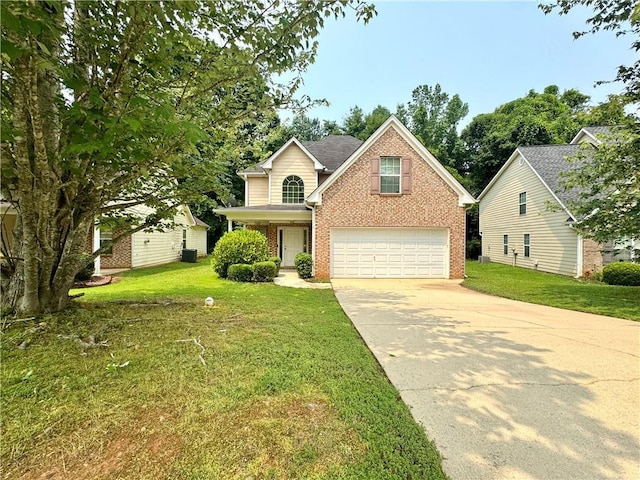 105 Avonwood Cir, Locust Grove, GA 30248 - traditional-style house featuring brick siding, concrete driveway, a garage, and a front lawn