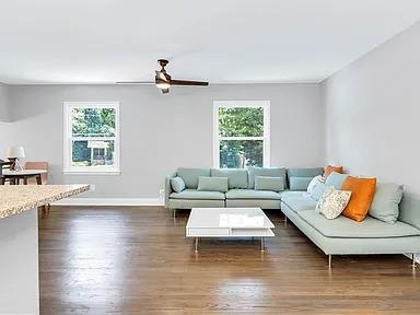 living room featuring baseboards, a wealth of natural light, ceiling fan, and wood finished floors