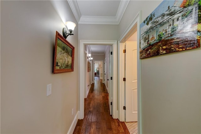 corridor with hardwood / wood-style floors and ornamental molding