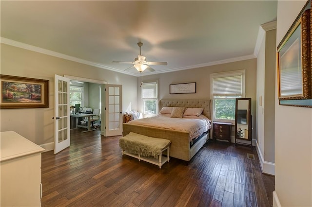 bedroom with ornamental molding, french doors, ceiling fan, and dark hardwood / wood-style floors