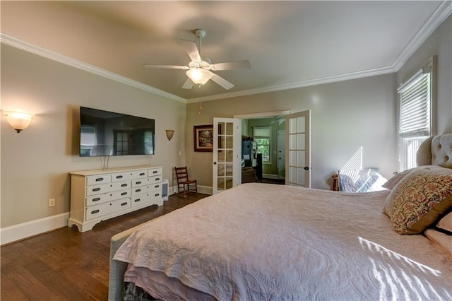 bedroom featuring french doors, ceiling fan, dark hardwood / wood-style floors, and crown molding