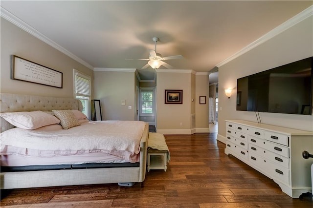 bedroom featuring dark wood-type flooring, ceiling fan, and crown molding