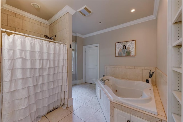 bathroom featuring crown molding, tile patterned floors, and plus walk in shower