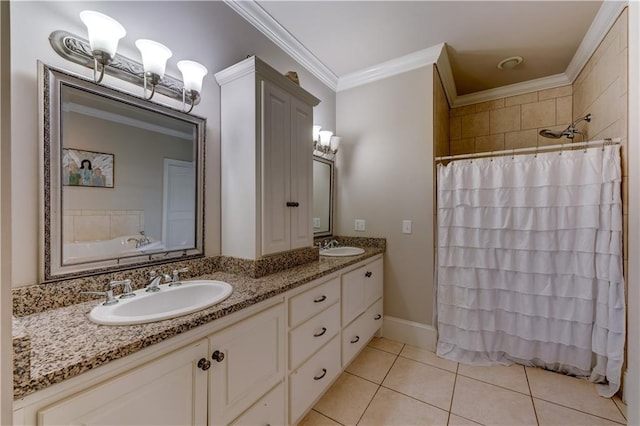 bathroom featuring separate shower and tub, vanity, tile patterned floors, and crown molding