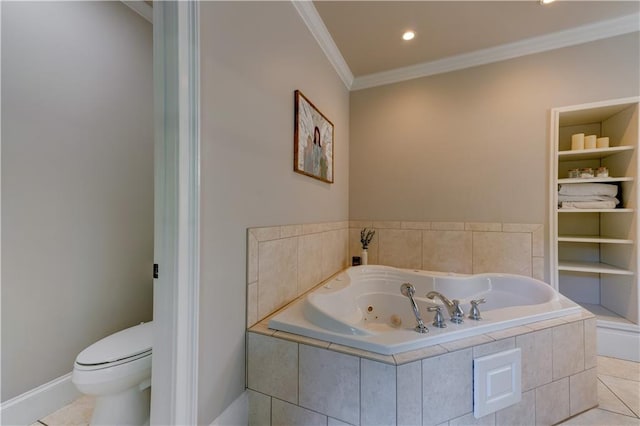 bathroom with toilet, tile patterned flooring, crown molding, and tiled tub