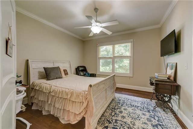 bedroom with dark wood-type flooring, ceiling fan, and crown molding