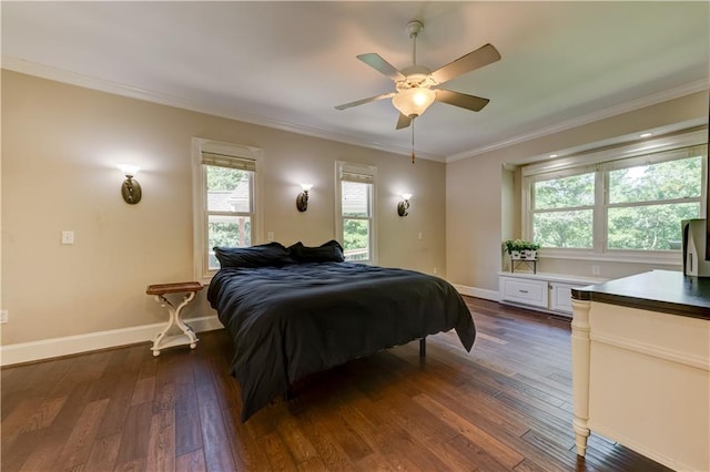 bedroom with dark wood-type flooring, multiple windows, and ceiling fan