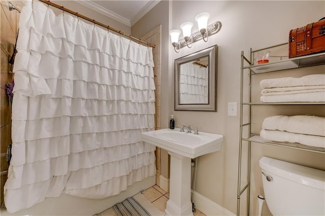 bathroom featuring tile patterned flooring, toilet, shower / tub combo, and ornamental molding