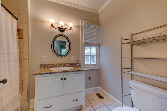 bathroom with walk in shower, vanity, crown molding, tile patterned floors, and toilet