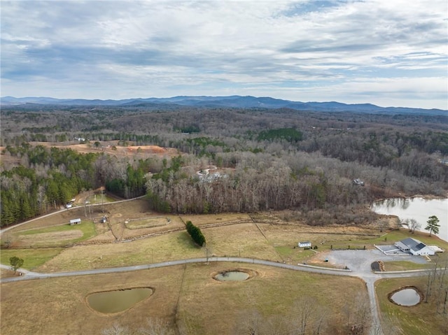 drone / aerial view with a water and mountain view