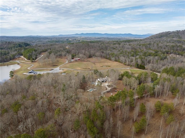 drone / aerial view with a water and mountain view