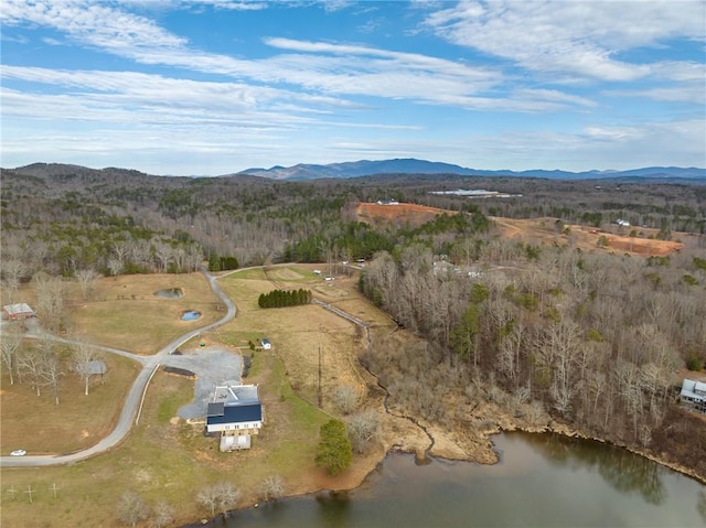 bird's eye view featuring a water and mountain view