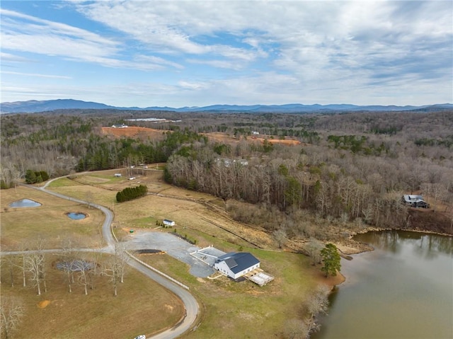 birds eye view of property with a water and mountain view