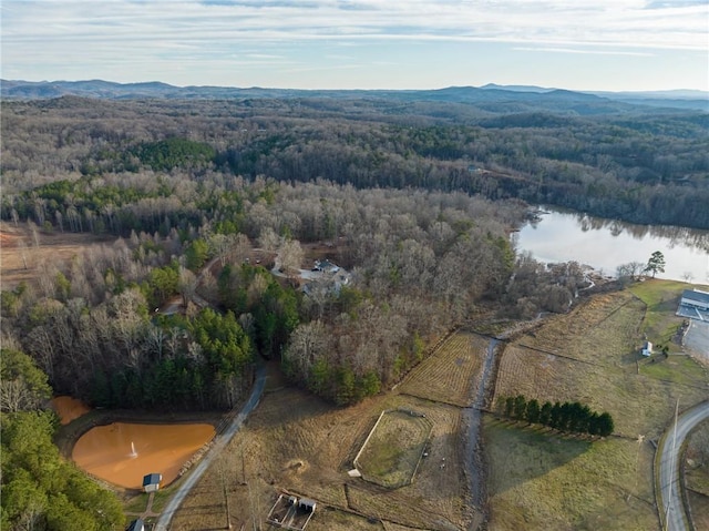 bird's eye view with a water and mountain view