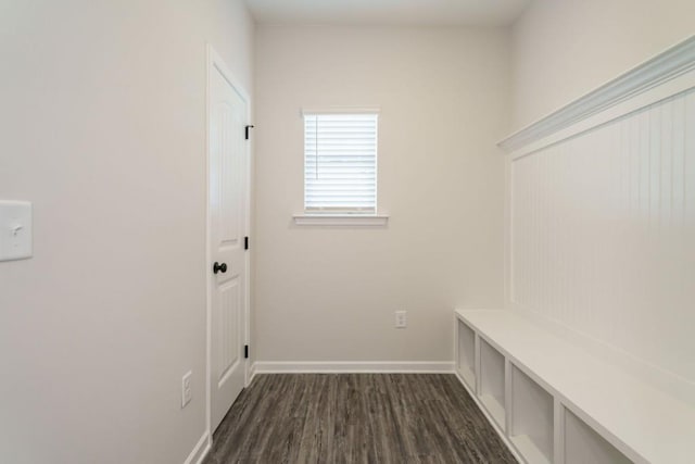 mudroom with baseboards and dark wood-style flooring