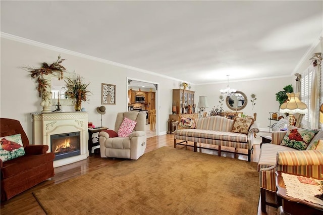 103 Mims Dr, Calhoun, GA 30701 - living area featuring ornamental molding, wood finished floors, a glass covered fireplace, and a chandelier