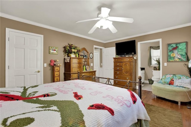 103 Mims Dr, Calhoun, GA 30701 - bedroom with ornamental molding, wood finished floors, a ceiling fan, ensuite bath, and baseboards