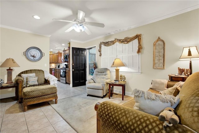 103 Mims Dr, Calhoun, GA 30701 - living area with light tile patterned floors, ornamental molding, a ceiling fan, and recessed lighting