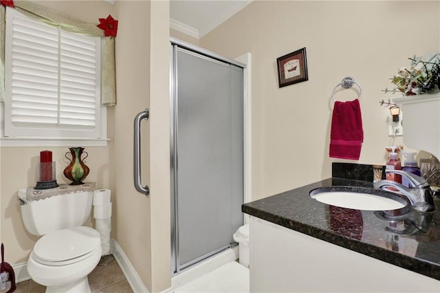103 Mims Dr, Calhoun, GA 30701 - bathroom with toilet, a stall shower, vanity, tile patterned flooring, and ornamental molding