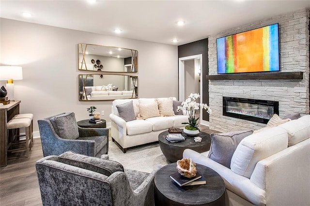 living room with a fireplace and wood-type flooring